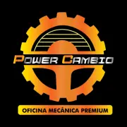 Logotipo da Power Câmbio Oficina Mecânica Premium com ícone de engrenagem laranja sobre fundo preto.