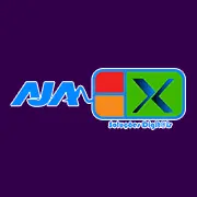 Logotipo da AJA com letras azuis estilizadas e símbolo quadrado colorido sobre fundo roxo escuro.