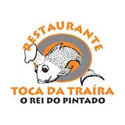 Logotipo do Restaurante Toca da Traíra O Rei do Pintado com ilustração de peixe usando chapéu de chef.